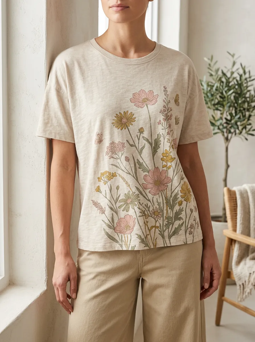 Women's Botanical Wildflower Butterfly Printed Crewneck T-shirt