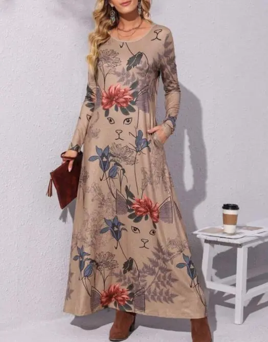 Long Sleeve Cat Print Dress