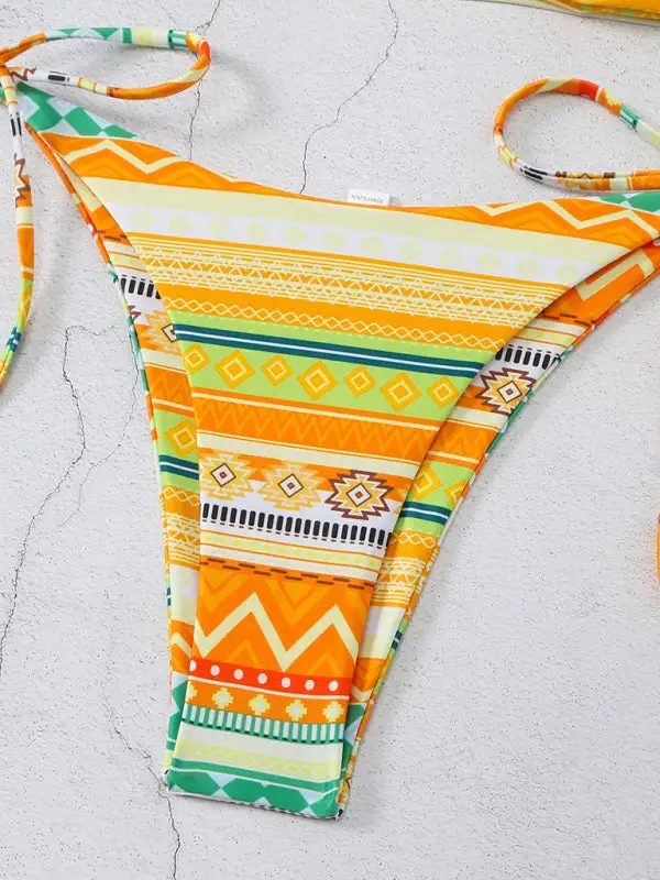 Halterneck Lace Up Adjustable Briefs Printed Swim Set