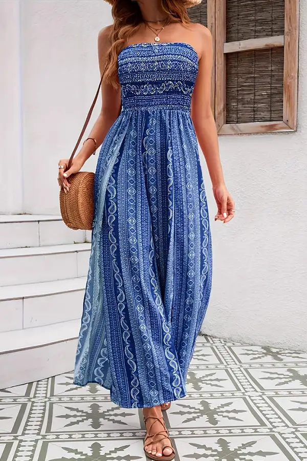 Ethnic Bandeau Smocked Jumpsuit