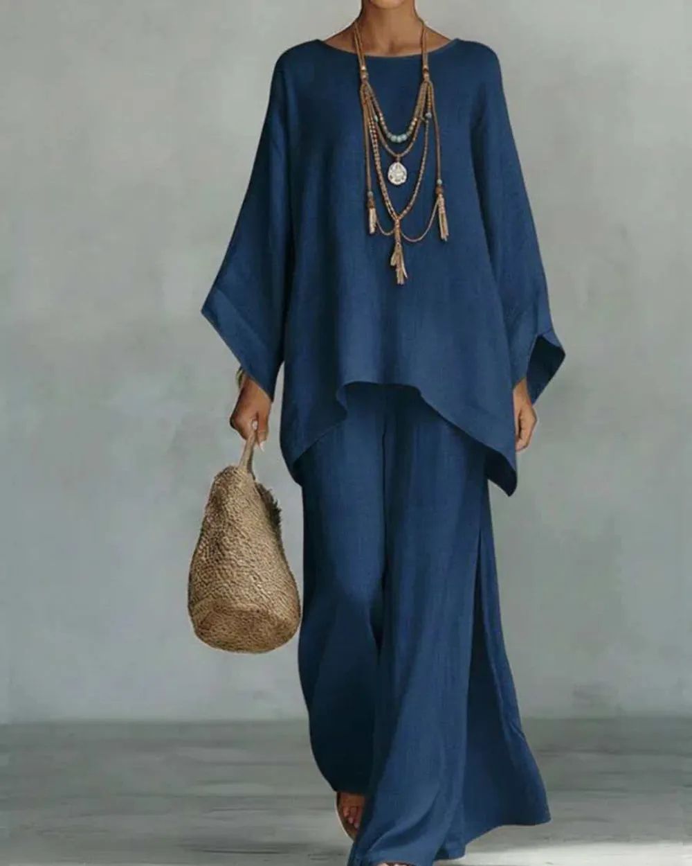 Asymmetric Ethnic Crew Neck Set