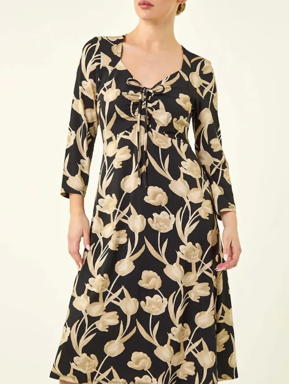Printed V-Neck Tie Waist Midi Dress