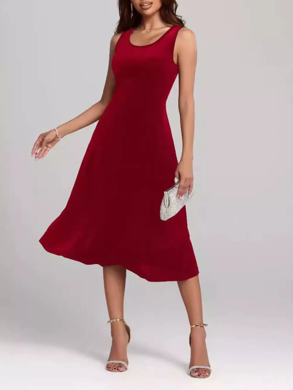 Round Neck Sleeveless Velvet A-Line Midi Dress