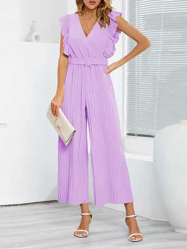 Hoog Getailleerde Losse Geplooide Jumpsuits Met V Hals