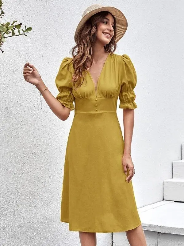 Women Ruffle Cuff Button Front Dress