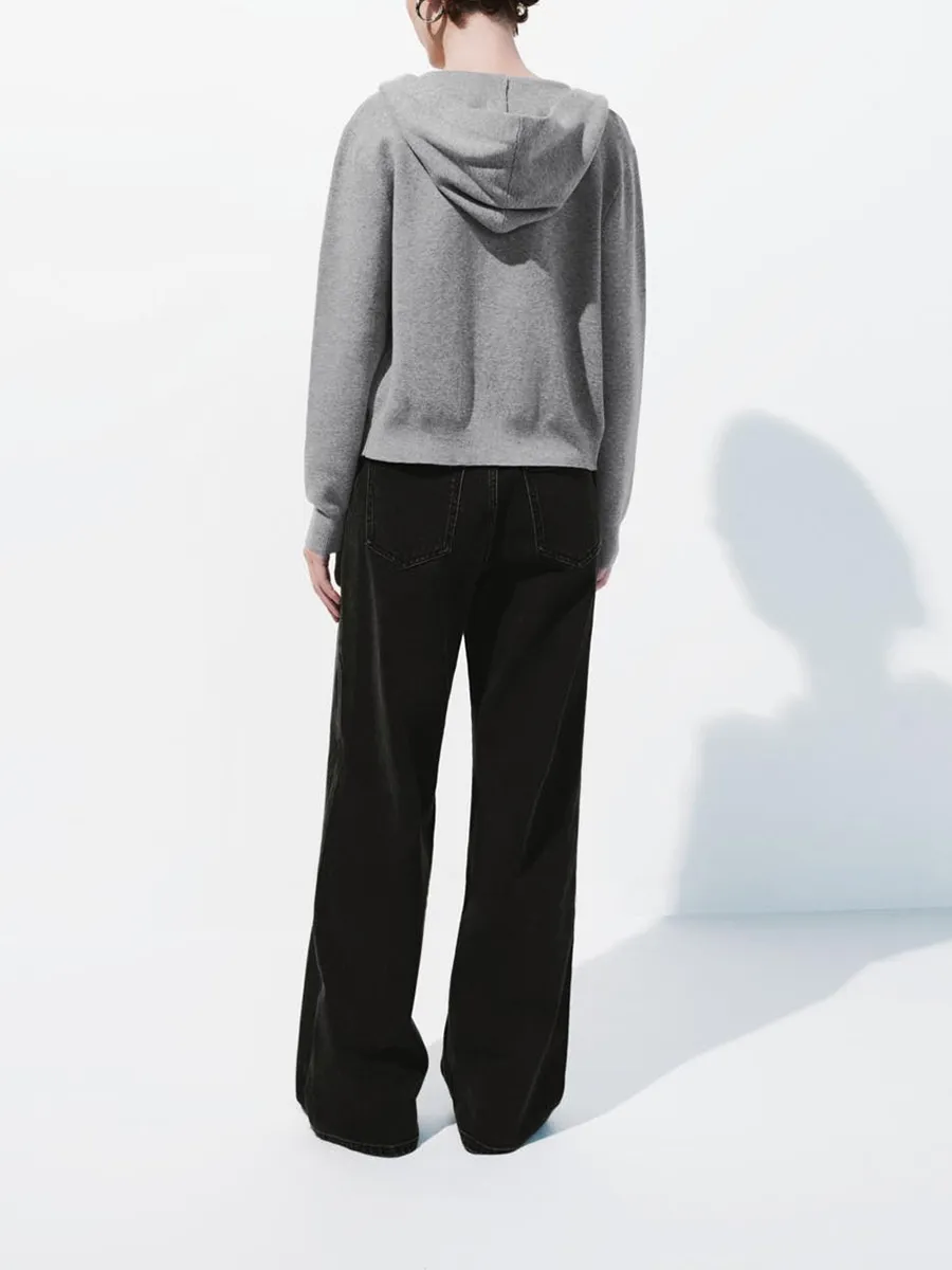 Lady's Grey Casual Style Zippered Knitted Hoodie