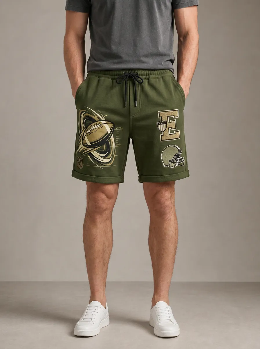 Men's Olive Graphic Print Fleece Shorts