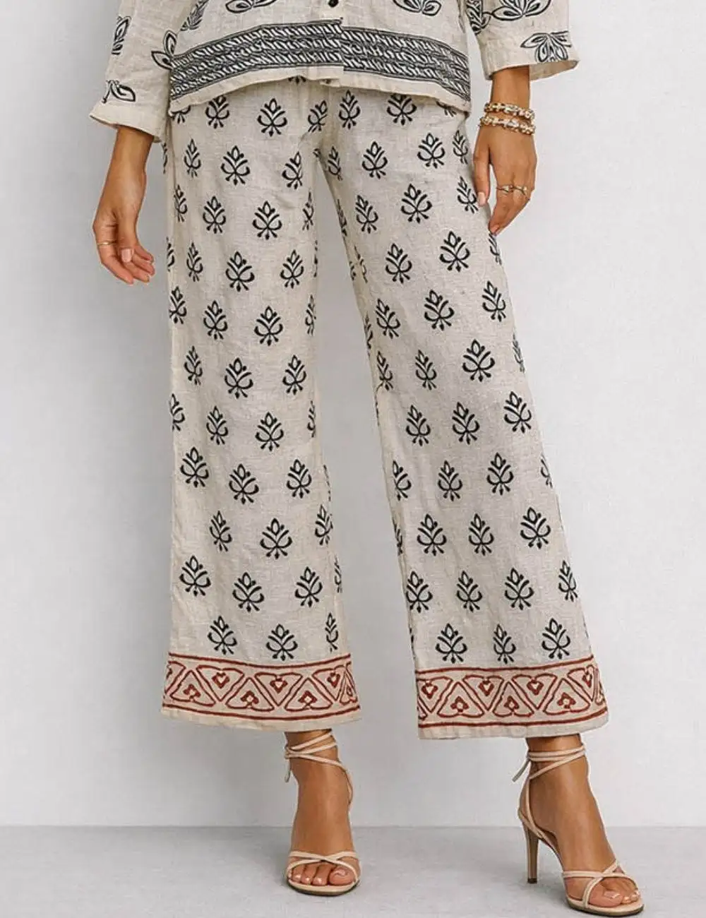 Boho Embroidery Elastic Waist Wide Leg Pants
