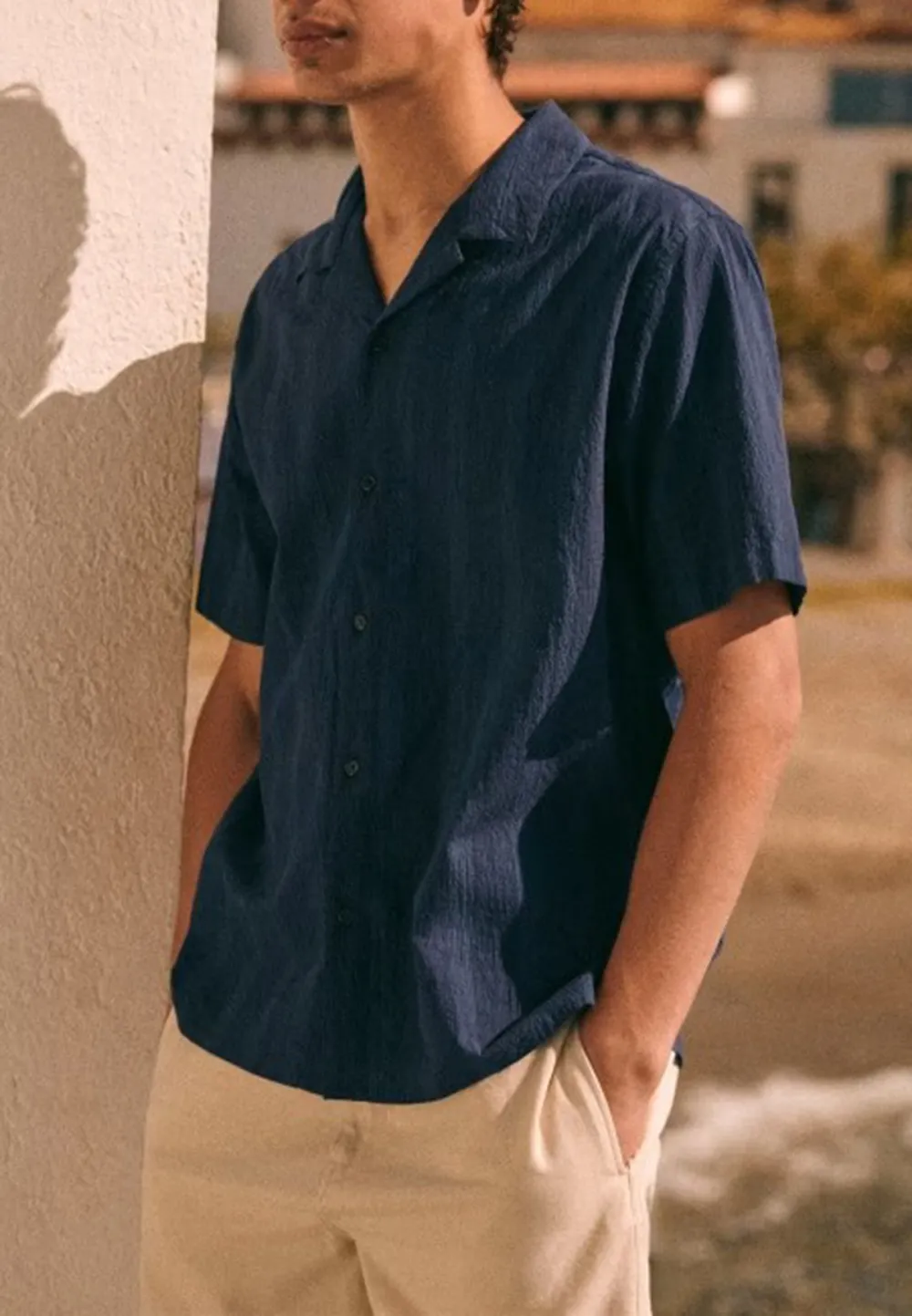 Navy Blue Solid Seersucker Short Sleeve Camp Shirt