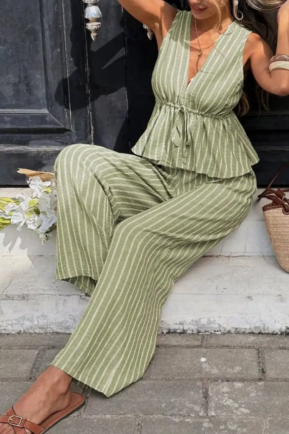 Textured Striped Sleeveless Top and Wide Leg Pants Set