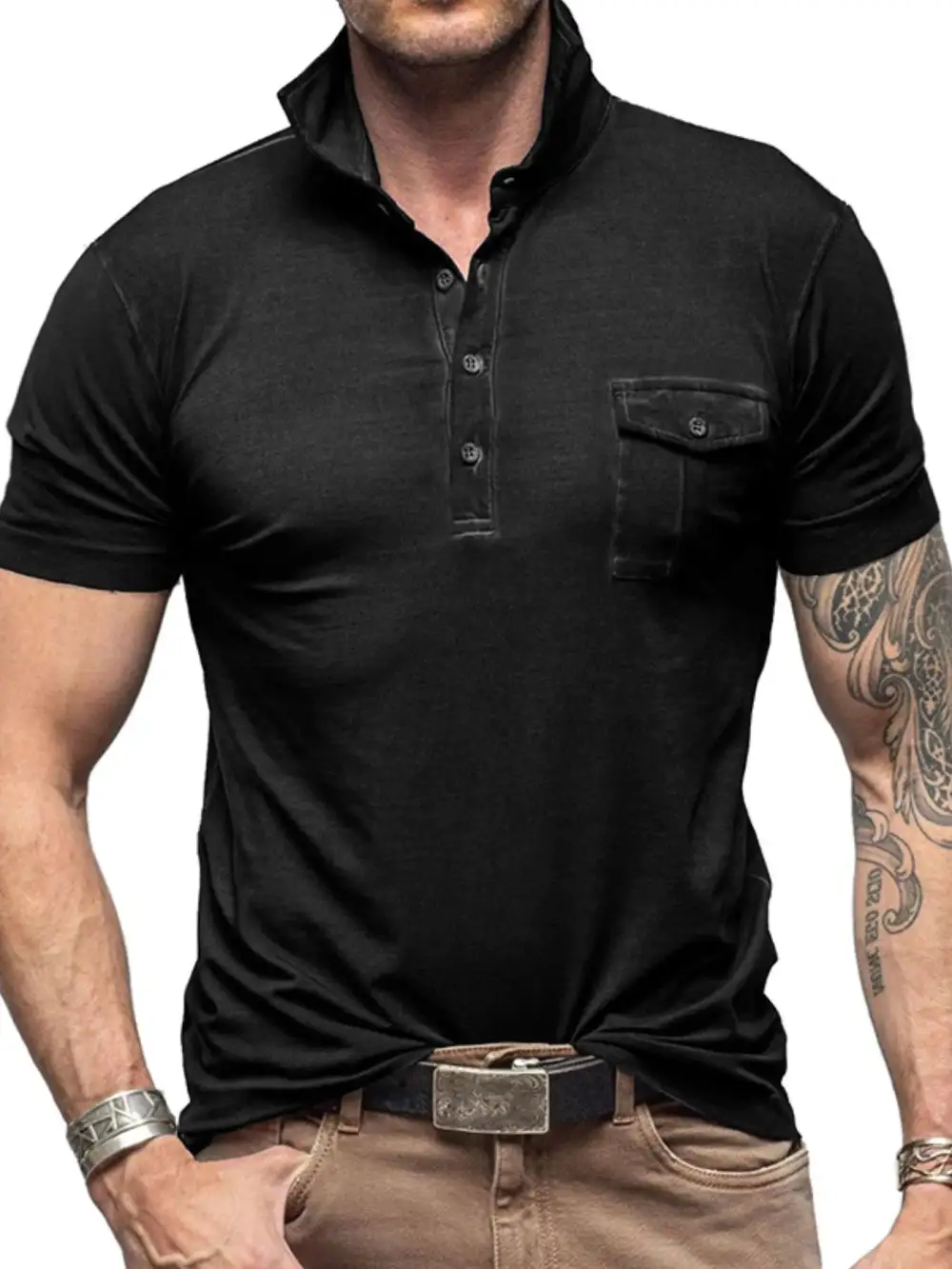 Stand-Collar Pocketed Polo Shirt