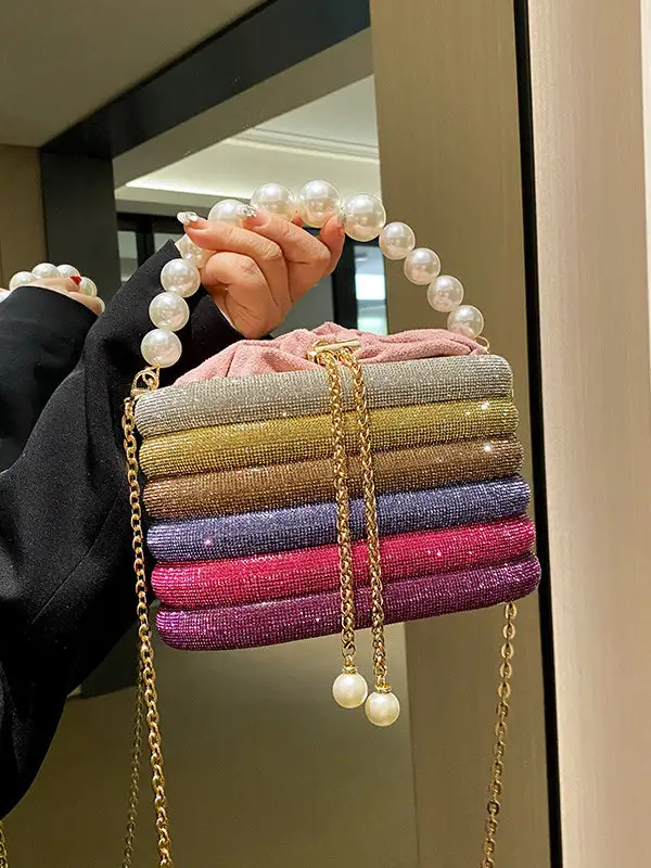 Beads Chains Drawstring Multi-colored Sequined Split-joint Zipper Crossbody Handbag