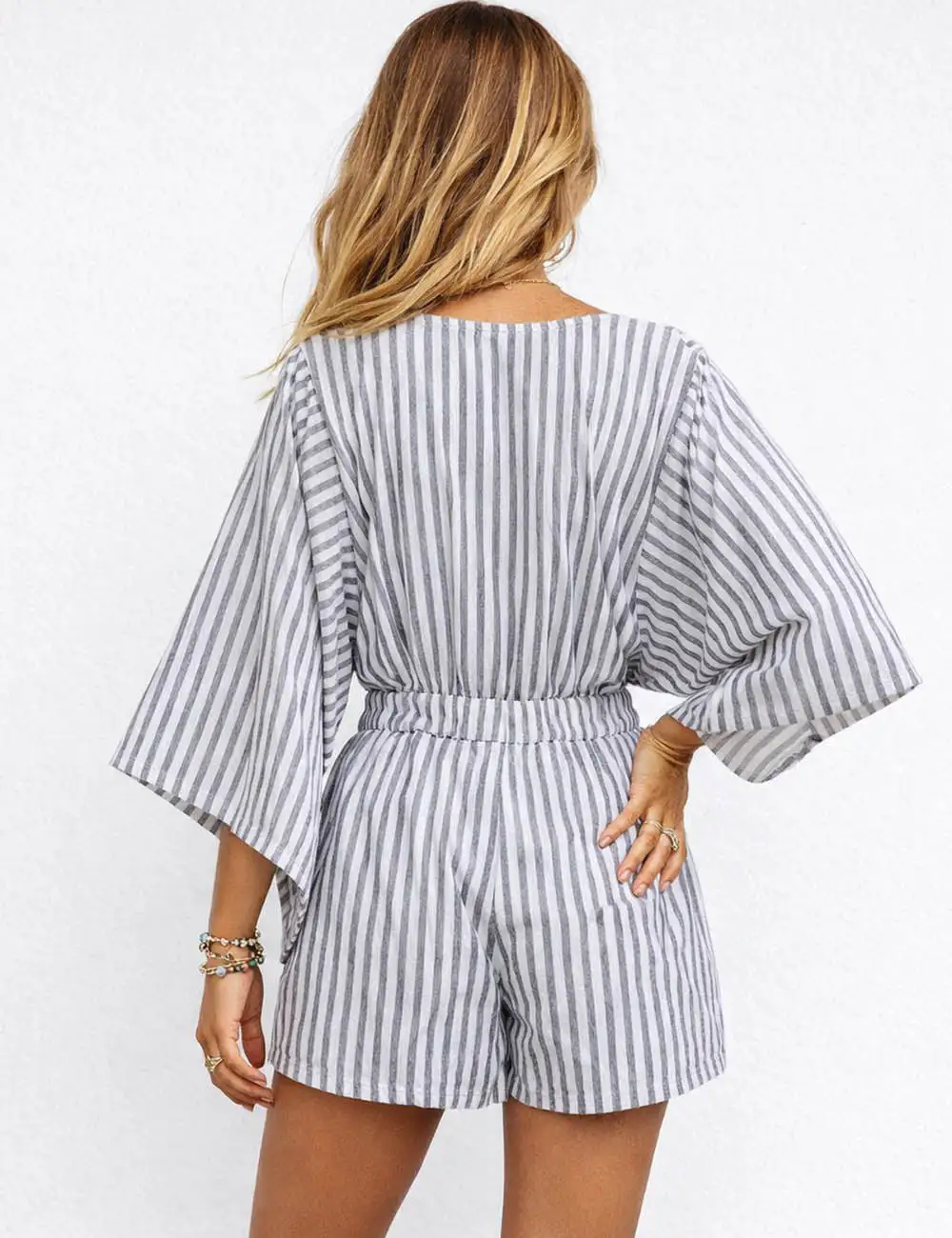 Chic V Neck Knot Kimono Sleeves Romper