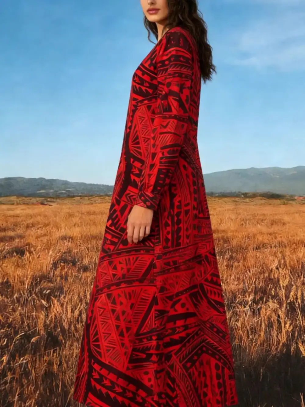 Geometric Print Ribbed V Neck Dress Casual