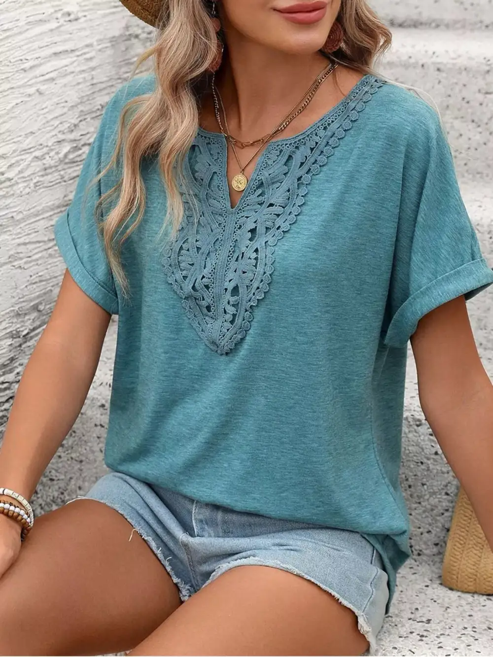 Lace Trim Detail Short Sleeve T-Shirt