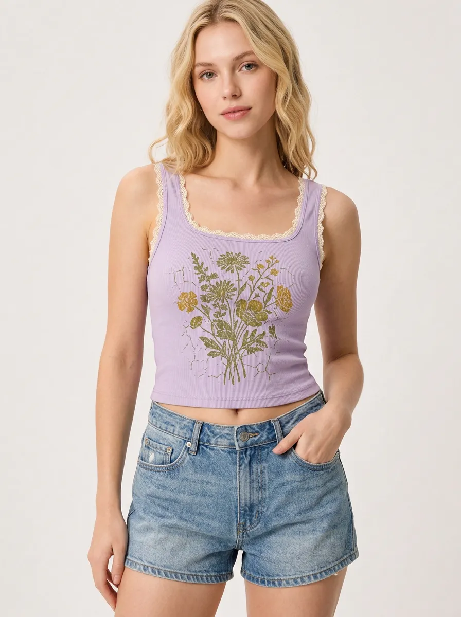 Women's Floral Nature Lover Wildflower Printed Lace Trim Tank Top