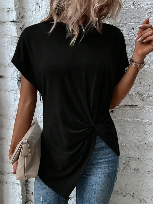 Batwing Sleeve Relaxed Asymmetric Pleat Detail Panel Detail Round Neck T-Shirt