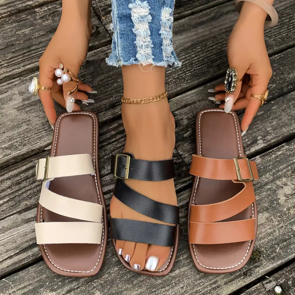 Textured Open Toe Buckle Sandals