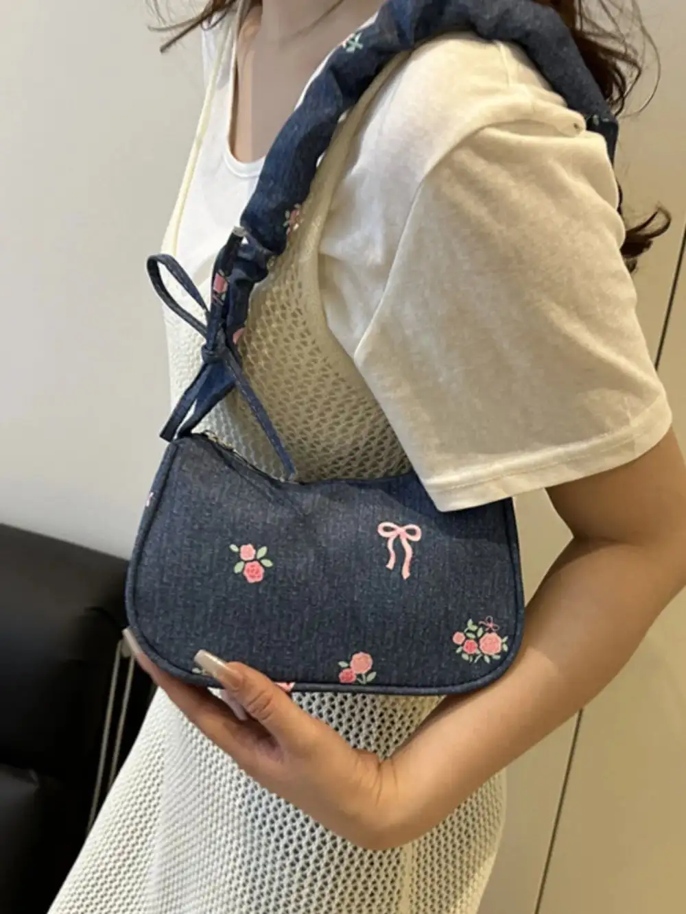 Embroidered Ruched Shoulder Bag