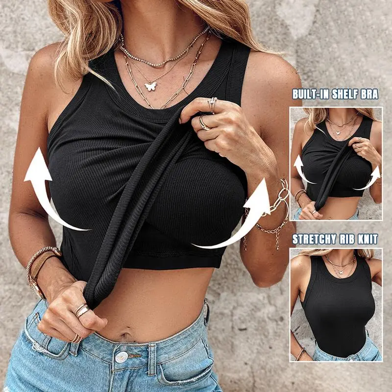 Women Everyday Basic Ribbed Built-in Bra Tank