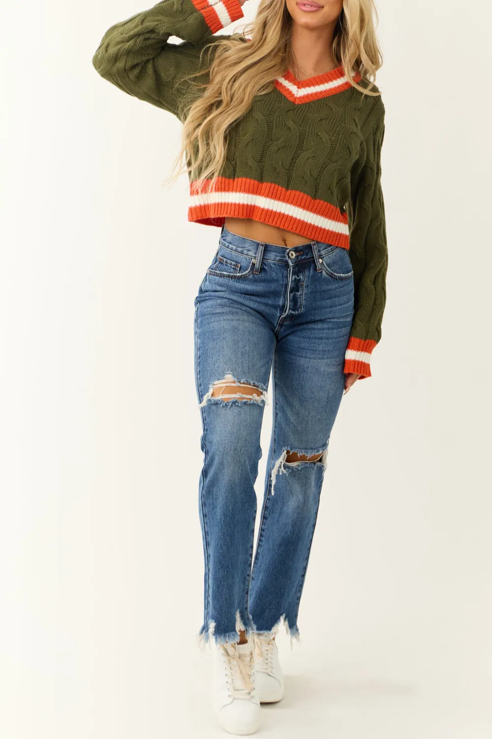 Army Green Knit Contrast Stripe Trim Sweater