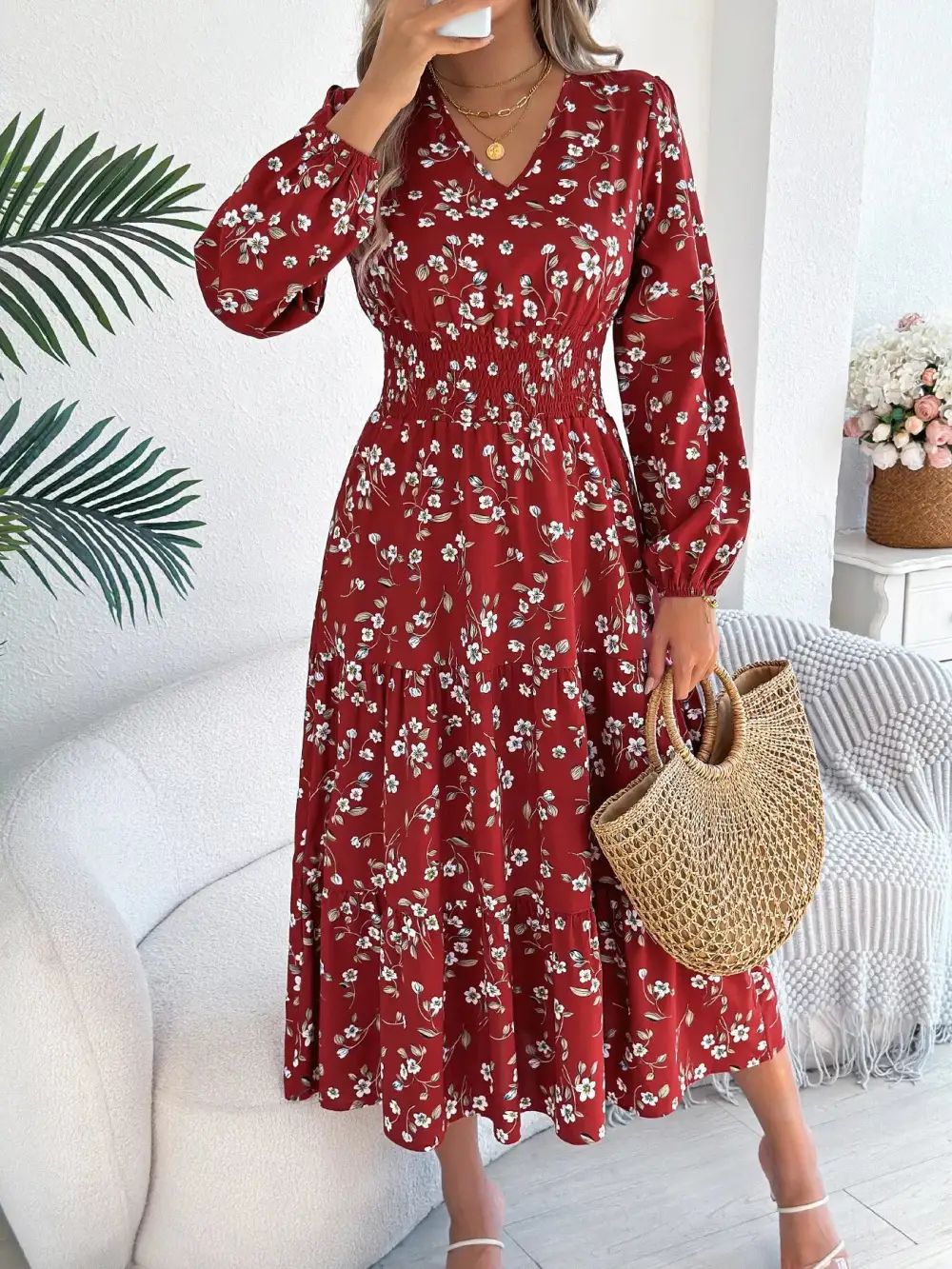 Structured Shape Floral Printed V Neck Midi Dress
