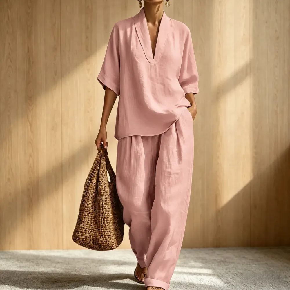 2026 New Relaxed Henley Top and Wide-Leg Pants Co-Ord Set