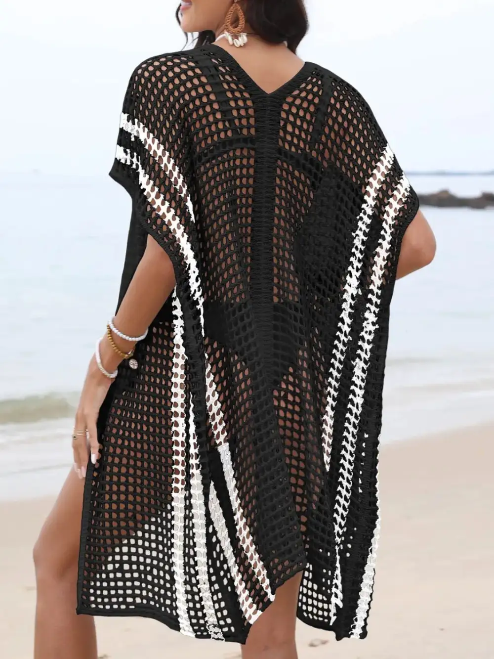 Open Front Contrast Openwork Swim Cover Up