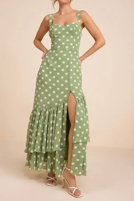 Raynelle Light Green Polka Dot Lace-Up Tiered Maxi Dress