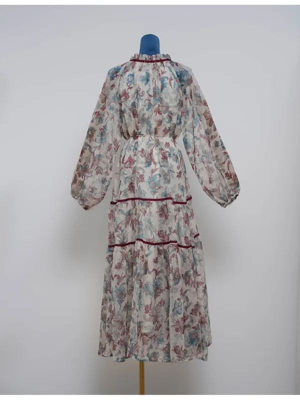 Boho Ruffle Neck Lantern Sleeves Midi Dress