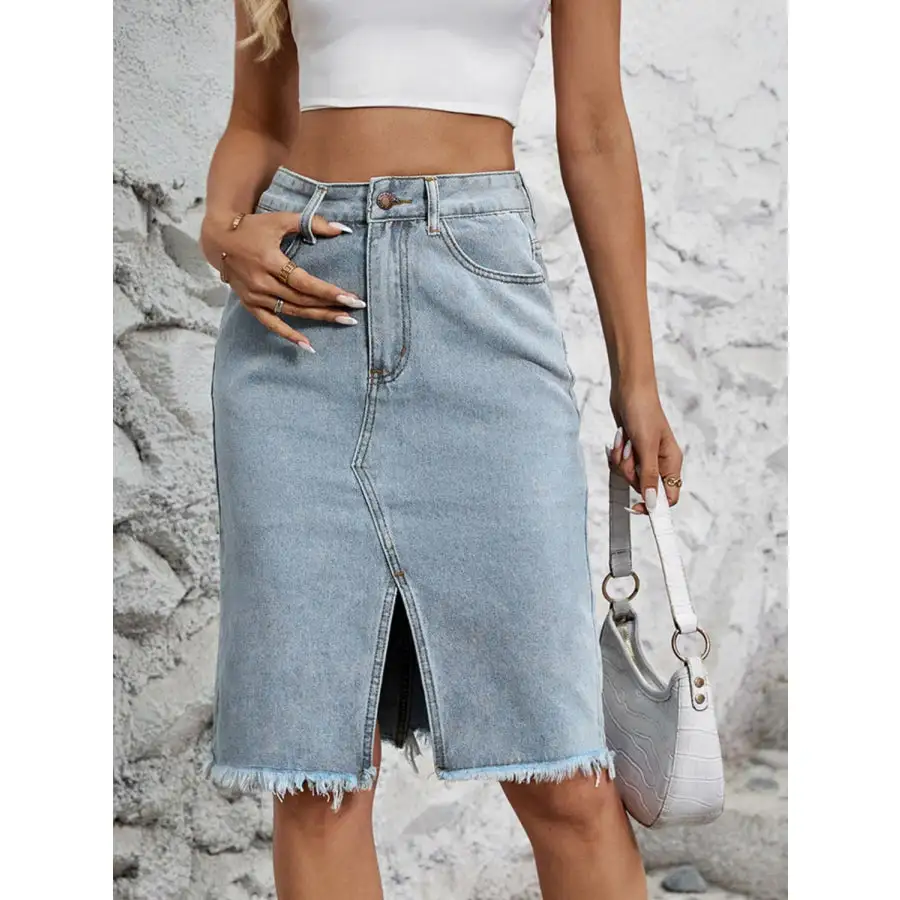Raw Hem Slit Denim Skirt