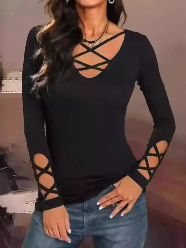 Long Sleeve Slim Fit Cutout V-Neck T-Shirt