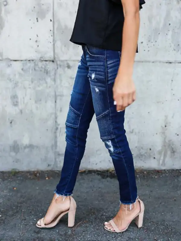 Distressed Stretch Pleated Denim Jeans