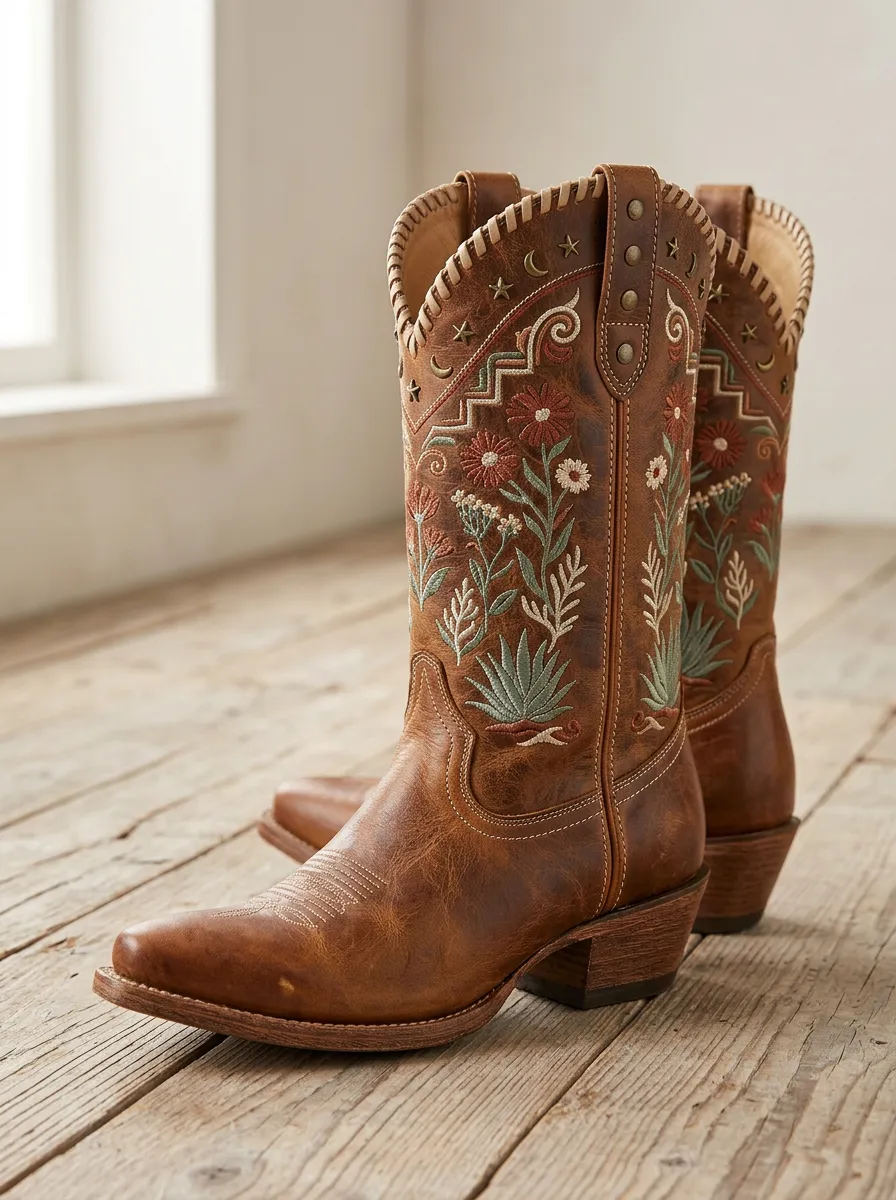 Women's Western Cowboy Moon Star Floral Embroidered Cowgirl Boots