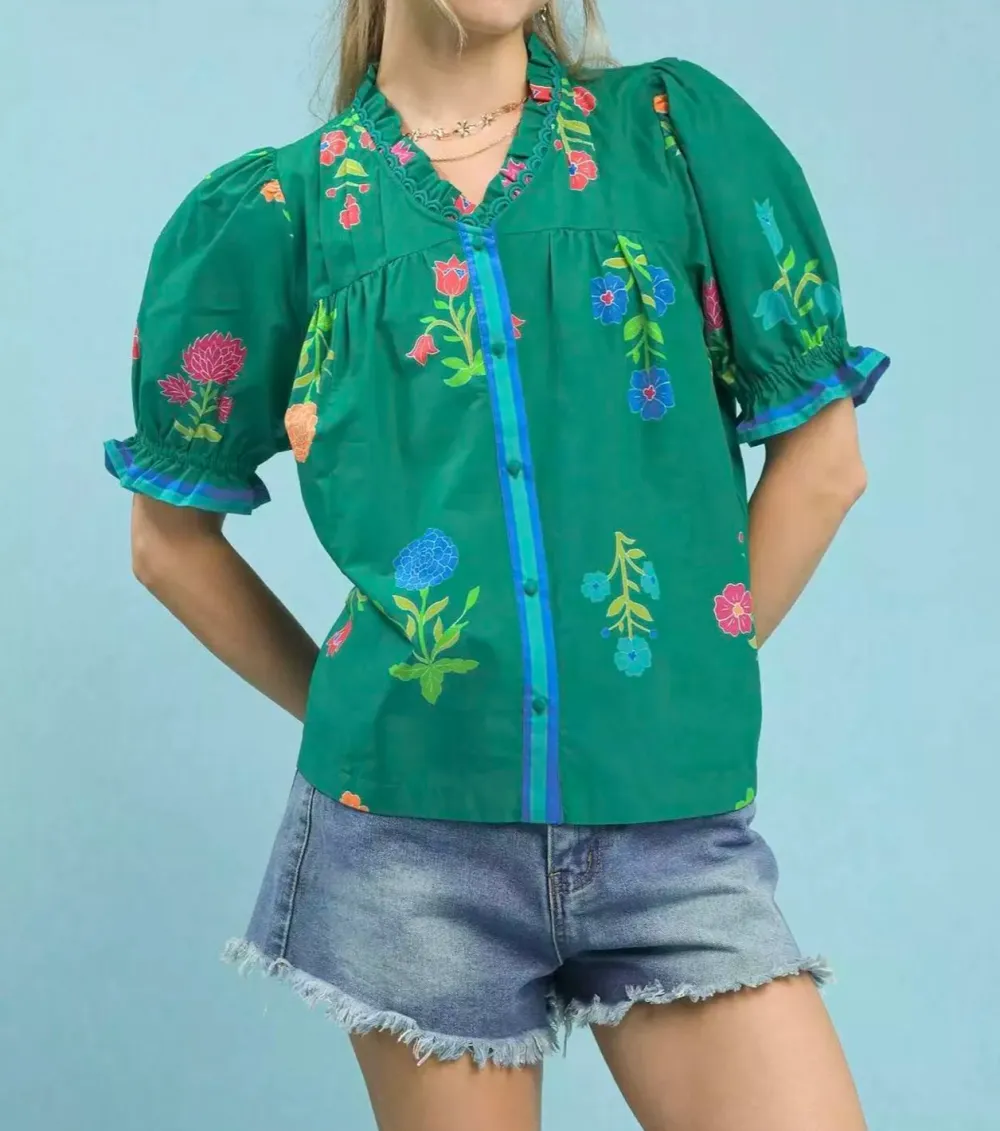Petal Parade Print Button Down Blouse
