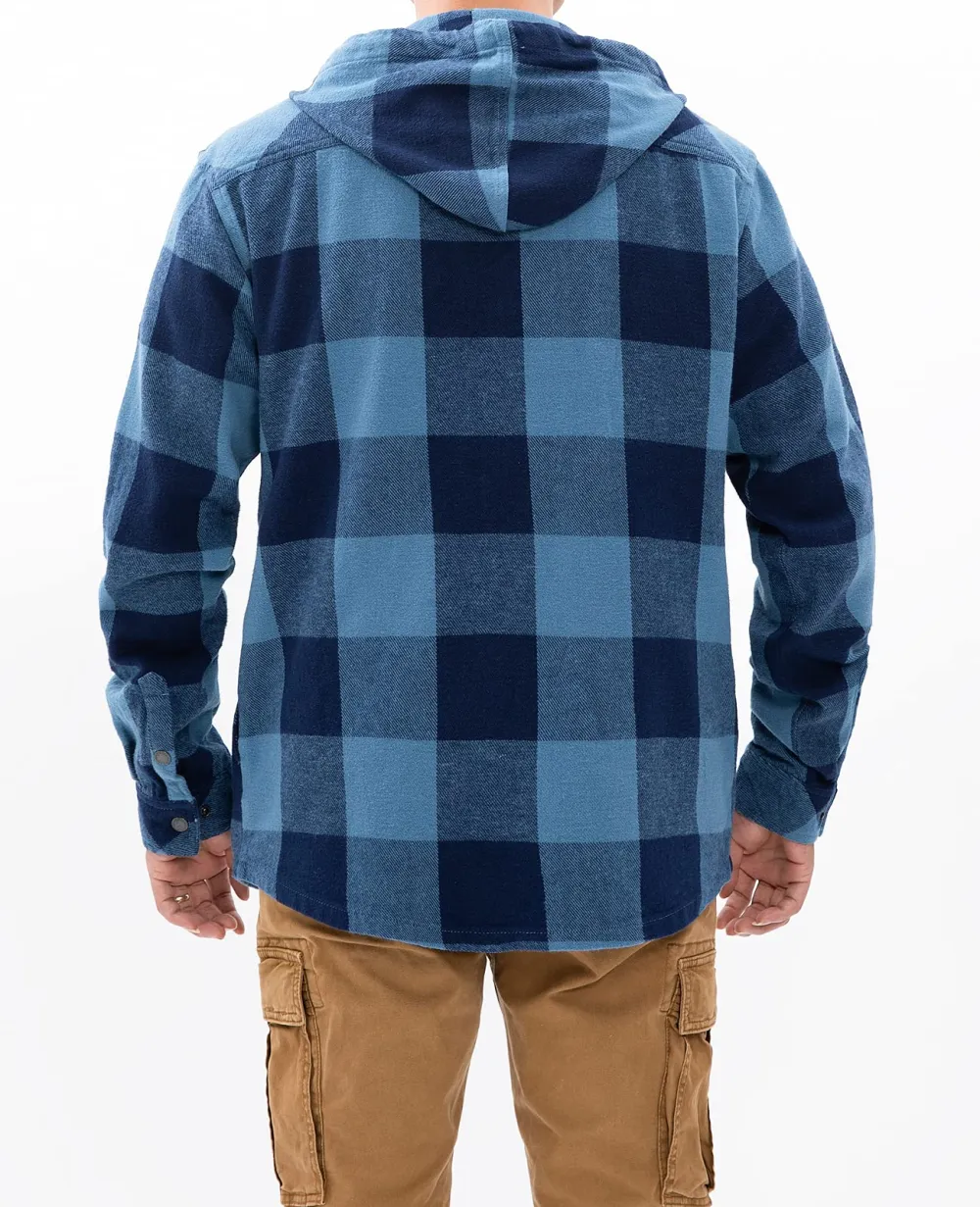 Men's Hooded Plaid Flannel Shirt Jacket with Hand Pockets