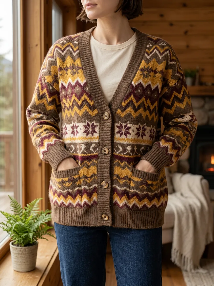 Women's Winter Boho Geometric Snowflake Printed Cardigan