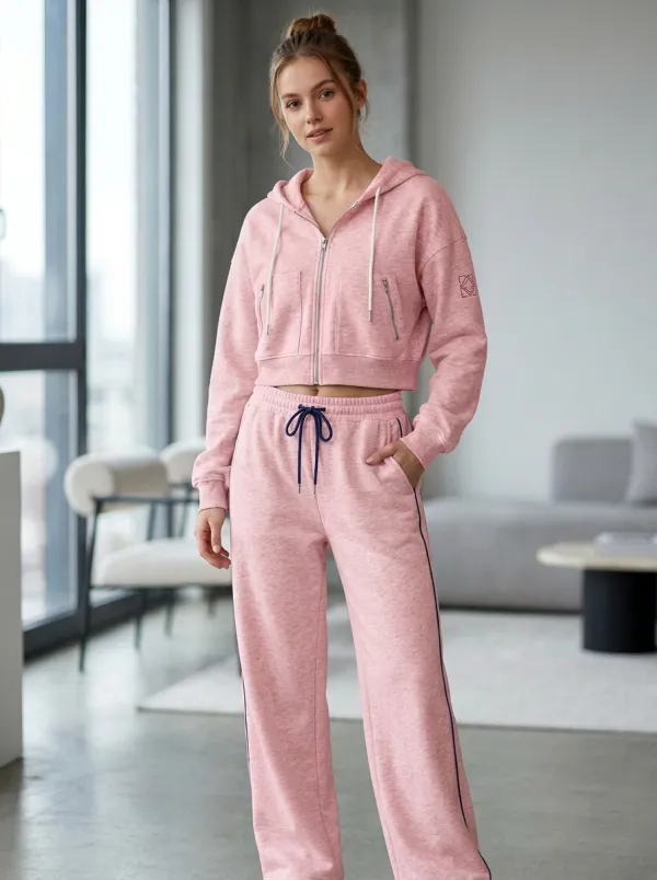 Women's Minimalist Geometric Logo Printed Zip-up Hoodie Jogger Set