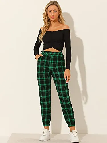 Women's Plaid Sweatpants Casual Tapered Tie High Waisted Tartan Pants with Pockets