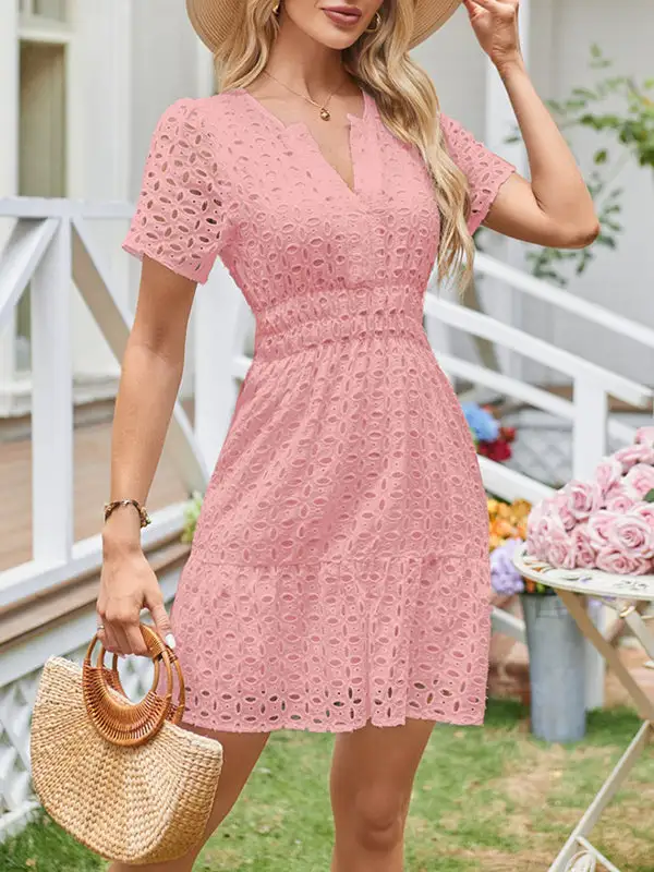 A Line Relaxed Elasticity Hollow Pleated Solid Color Split Joint V
