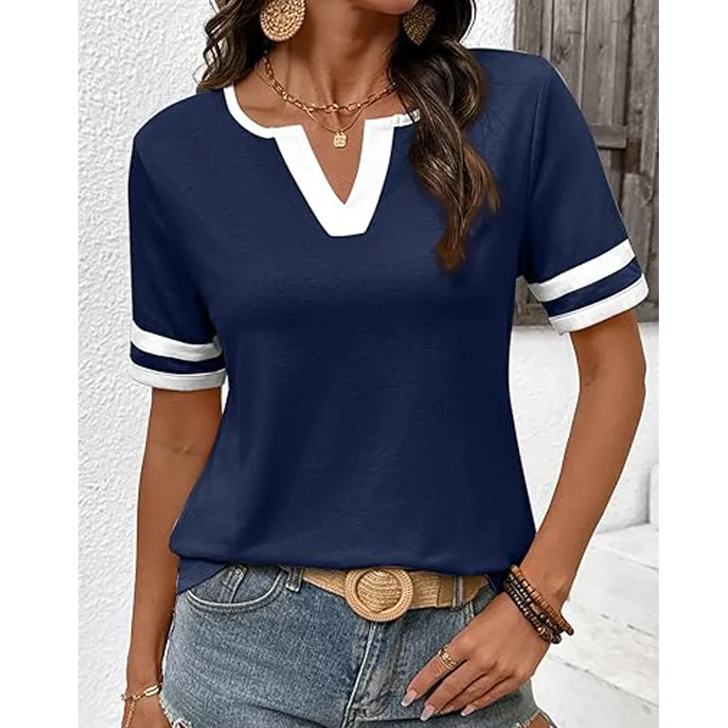 Spring/Summer Women's Casual Color Block V-Neck T-Shirt