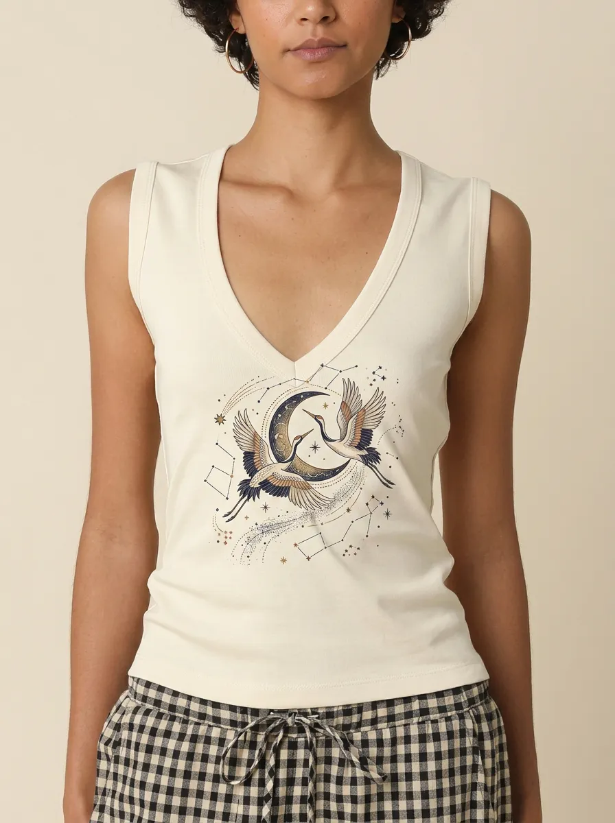 Women's Celestial Crane Moon Constellation Printed Tank Top