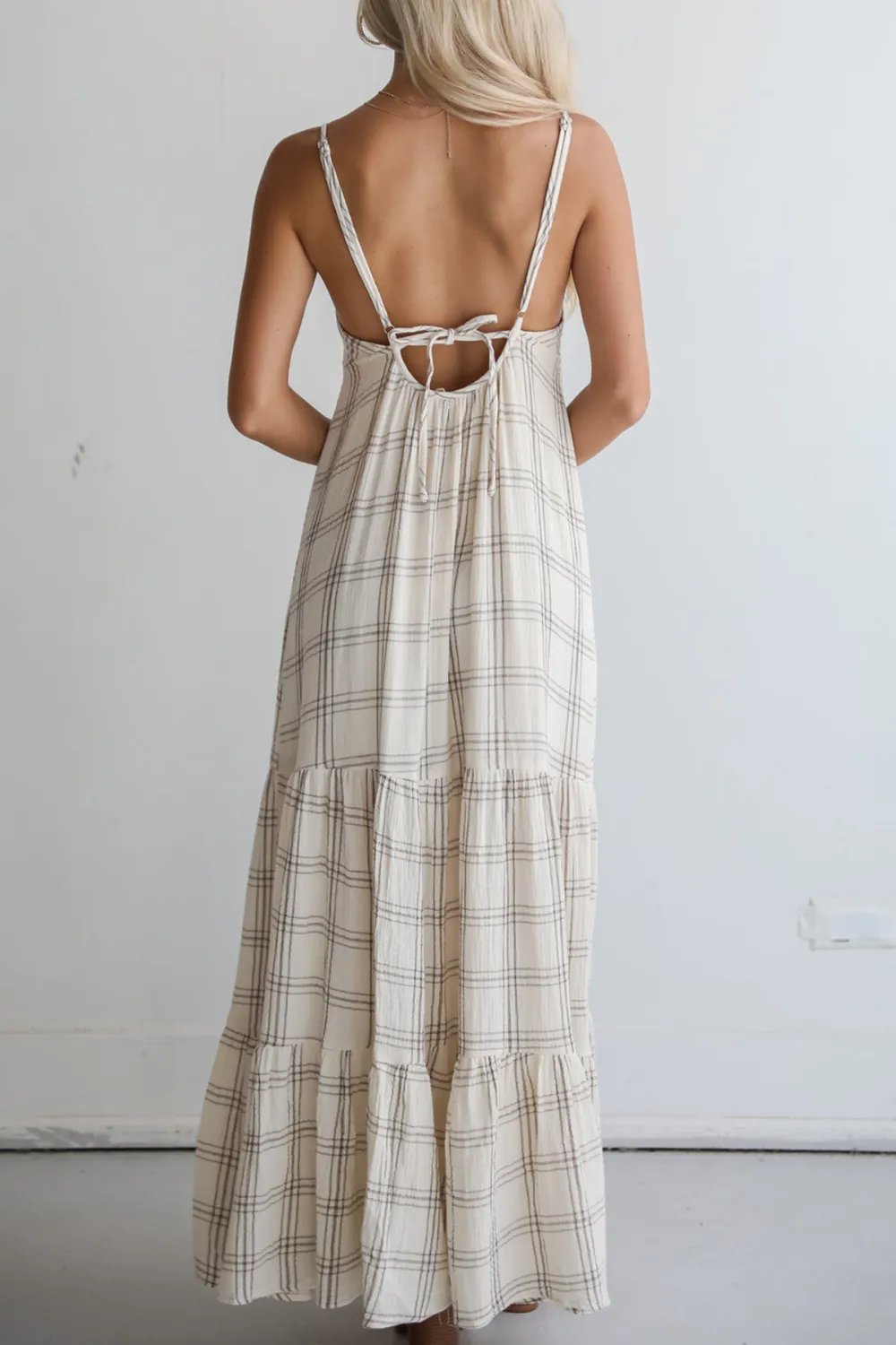 Grey Plaid Linen Maxi Dress