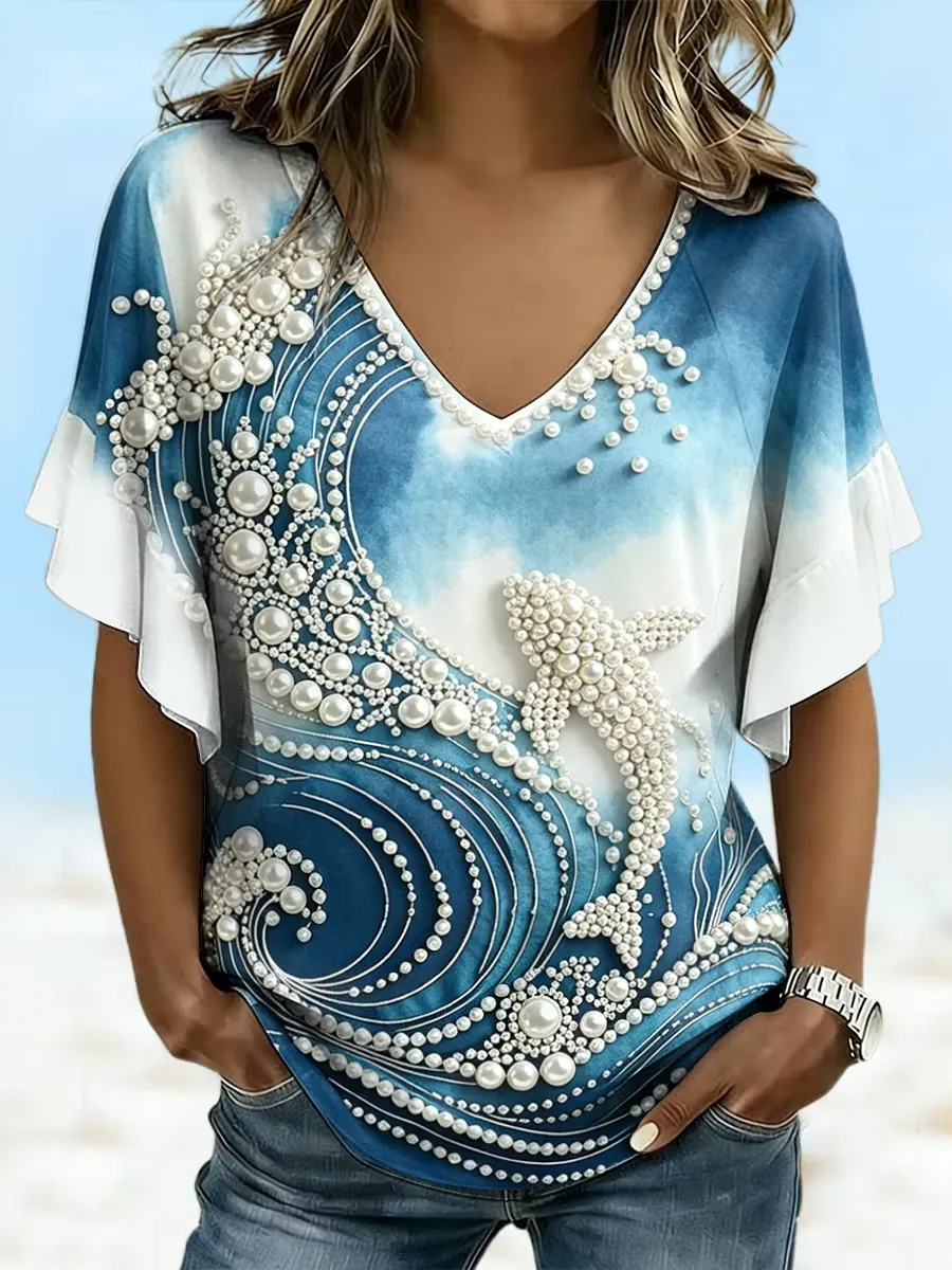 Women's Beach Vibes Ocean Art Printed T-shirt