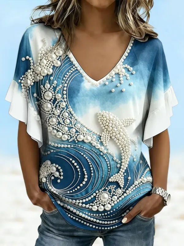 Women's Beach Vibes Ocean Art Printed T-shirt