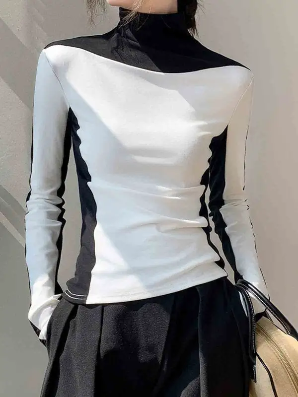 Long Sleeve Slim Fit Contrast Panel Detail High Neck Everyday T-Shirt