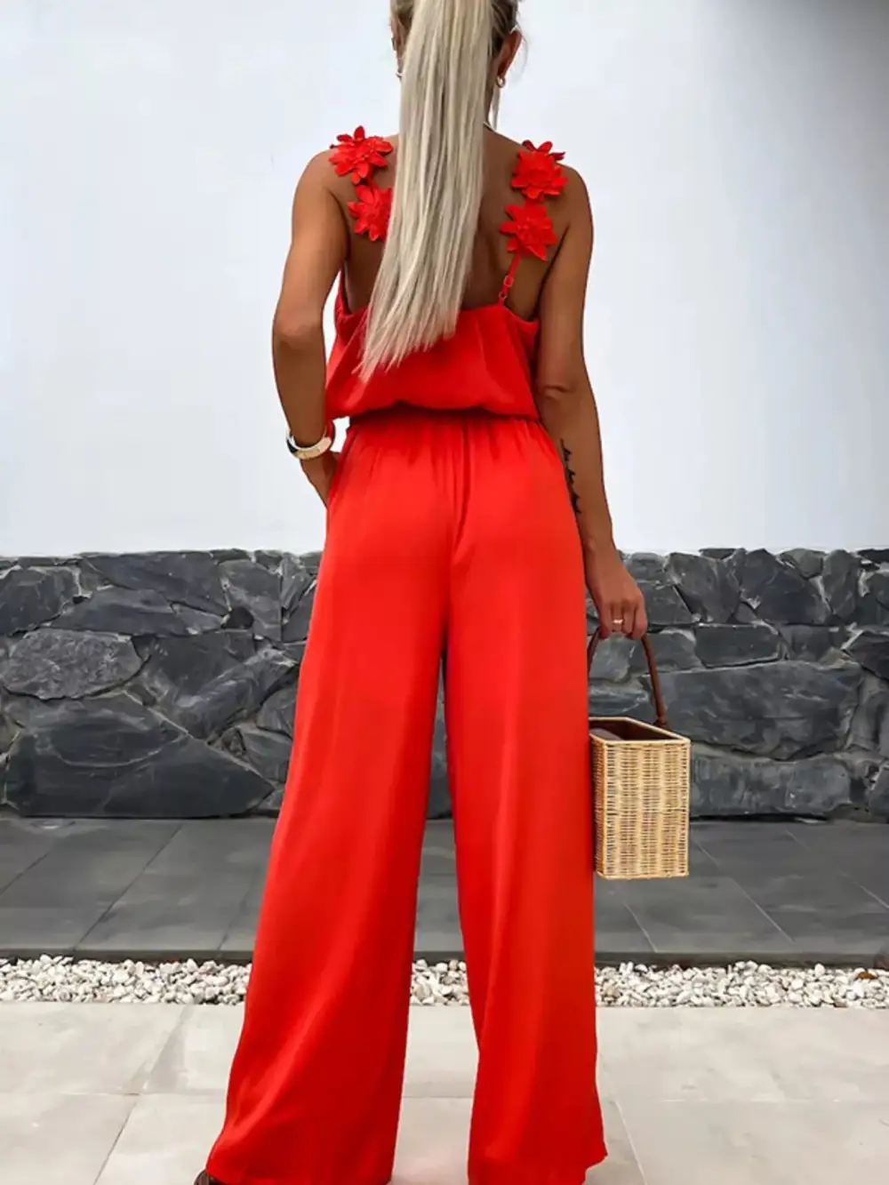 Floral Applique V Neck Wide Leg Jumpsuit