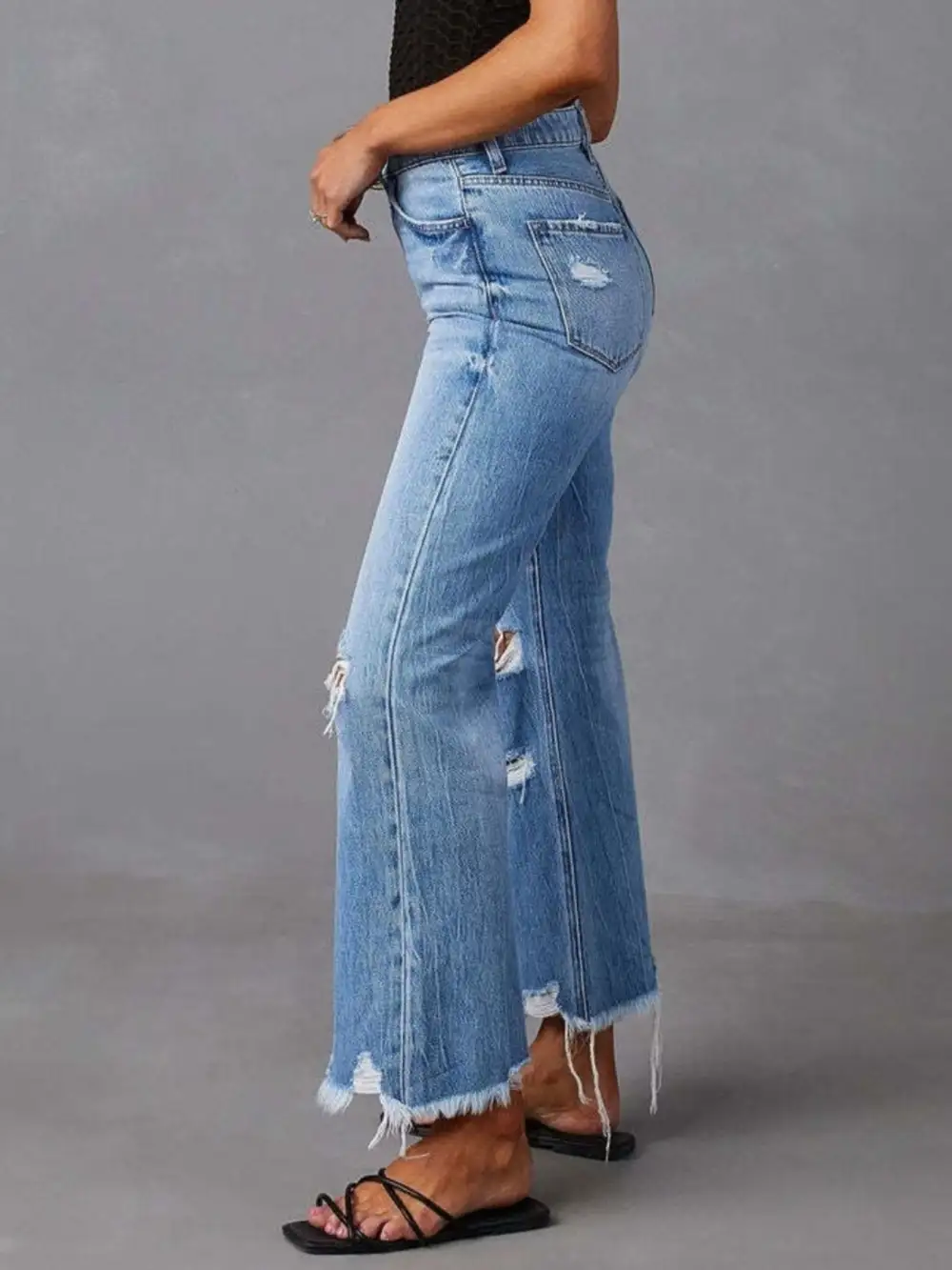 Clean Flare Leg Raw Hem Distressed Denim Jeans
