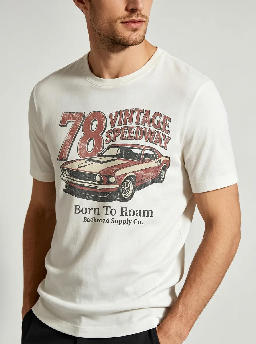 Men's Vintage Speedway Car 78 Born To Roam Printed T-shirt