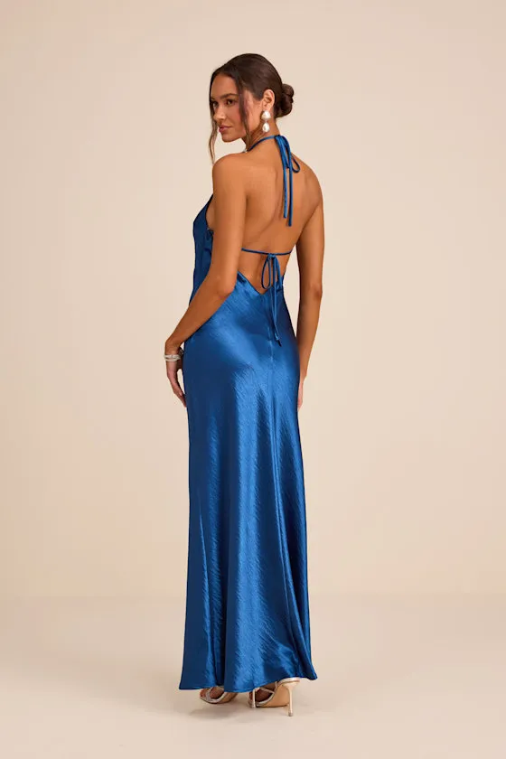 Magnificence Blue Satin Backless Halter Maxi Dress